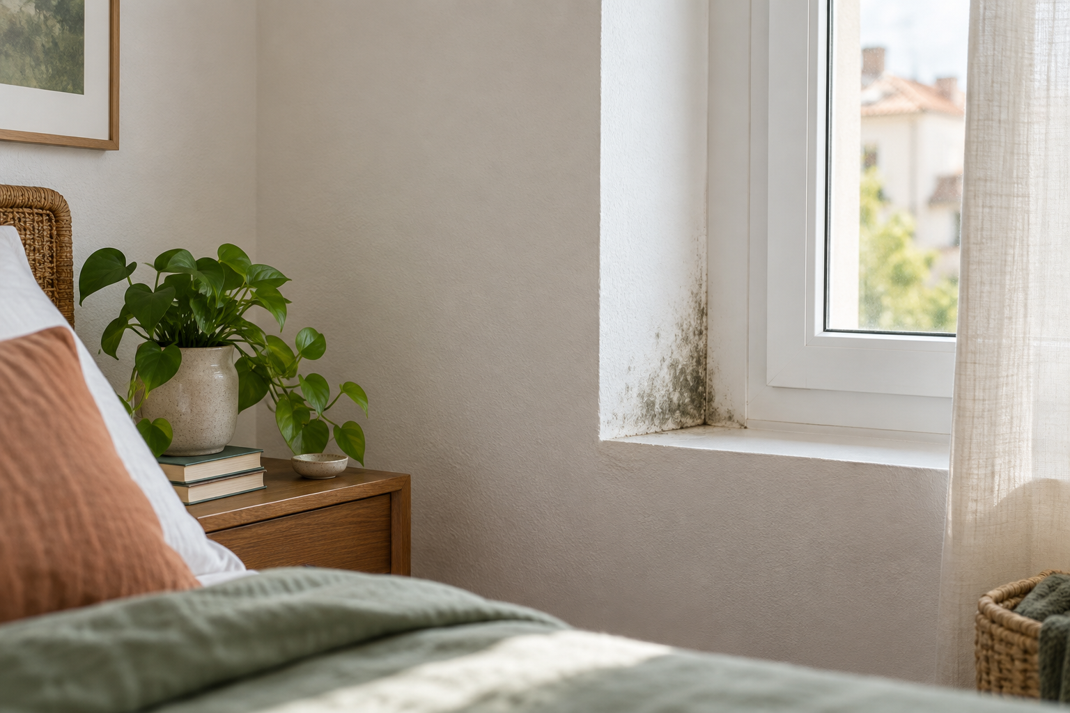 Pequeña mancha de moho junto a una ventana en un dormitorio luminoso