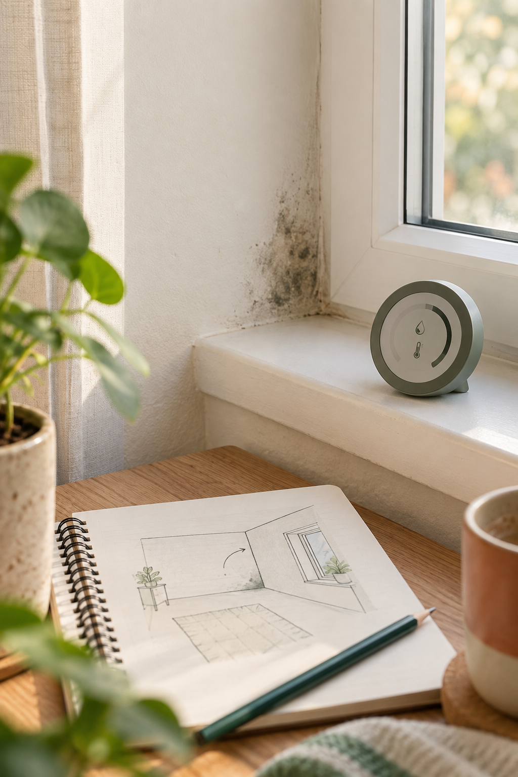 Higrómetro y cuaderno junto a una ventana con una mancha de moho