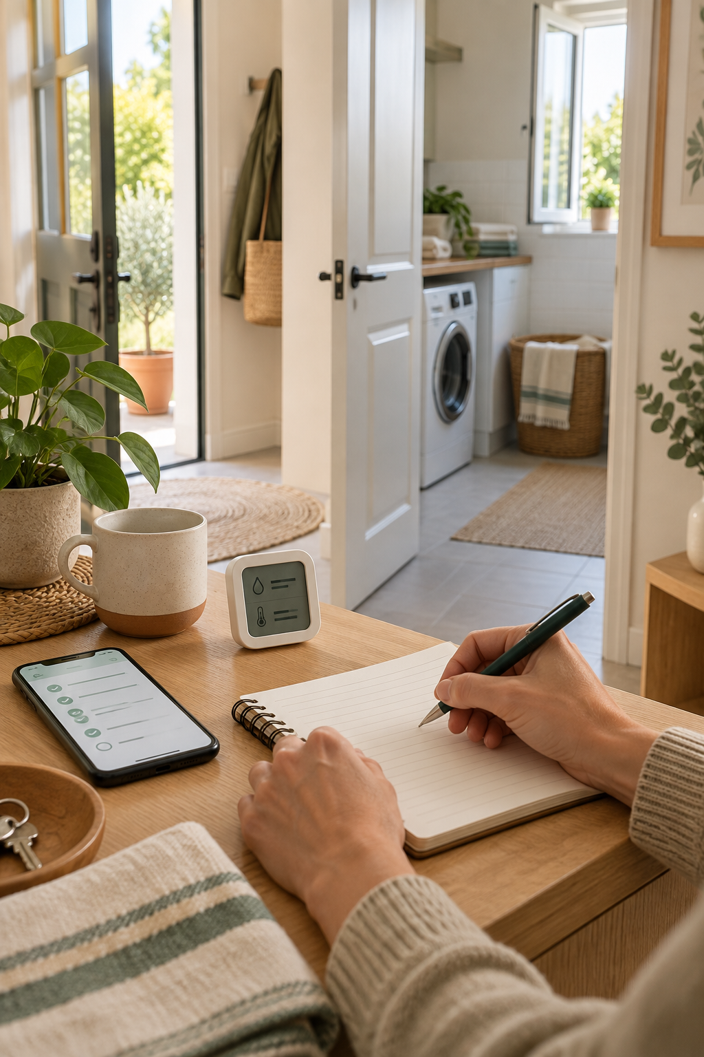 Cuaderno, teléfono y sensor de humedad junto a una puerta abierta para observar la ventilación