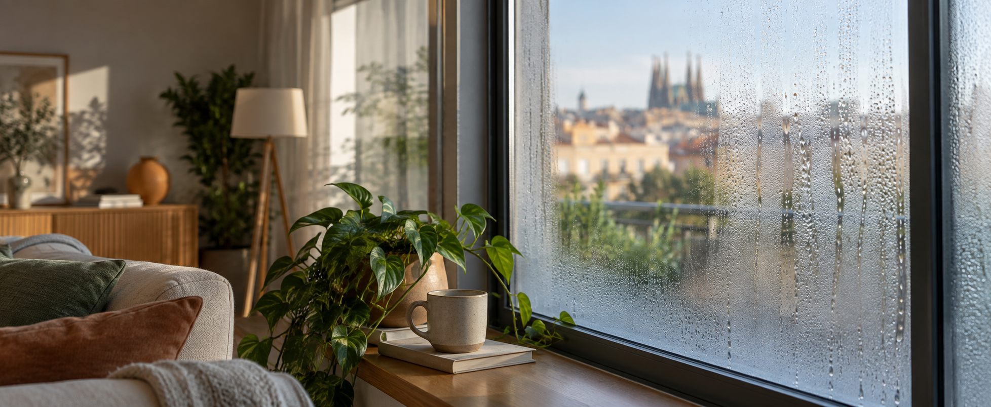 Janela com gotas de condensação numa sala luminosa