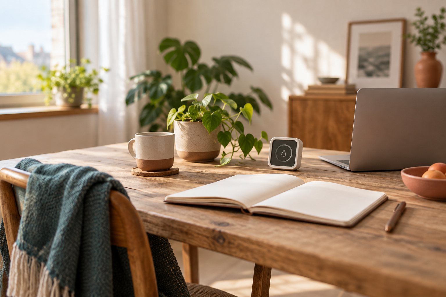 Mesa luminosa con un cuaderno, una planta y un medidor de humedad