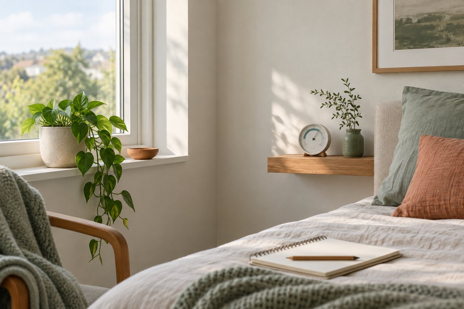 Dormitorio luminoso con un medidor de humedad y un cuaderno