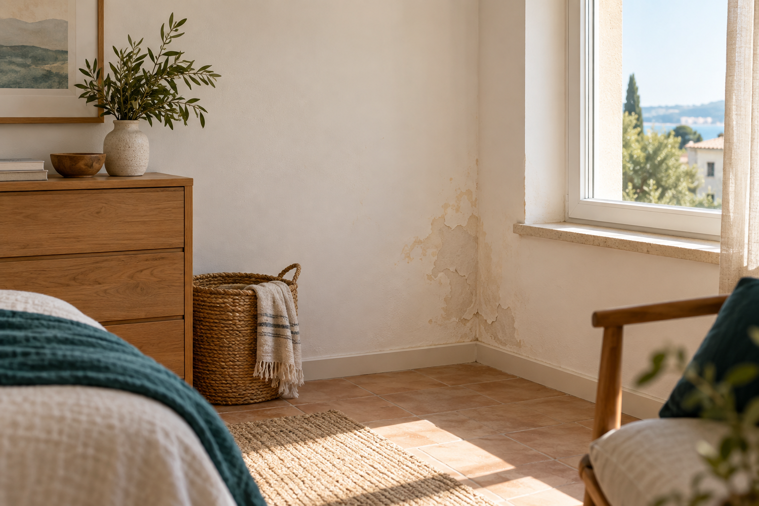 Pared luminosa con una mancha de humedad y pintura levantada junto a una ventana